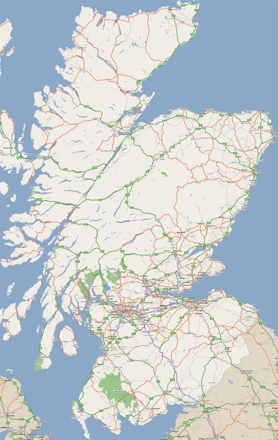 Large road map of Scotland with cities